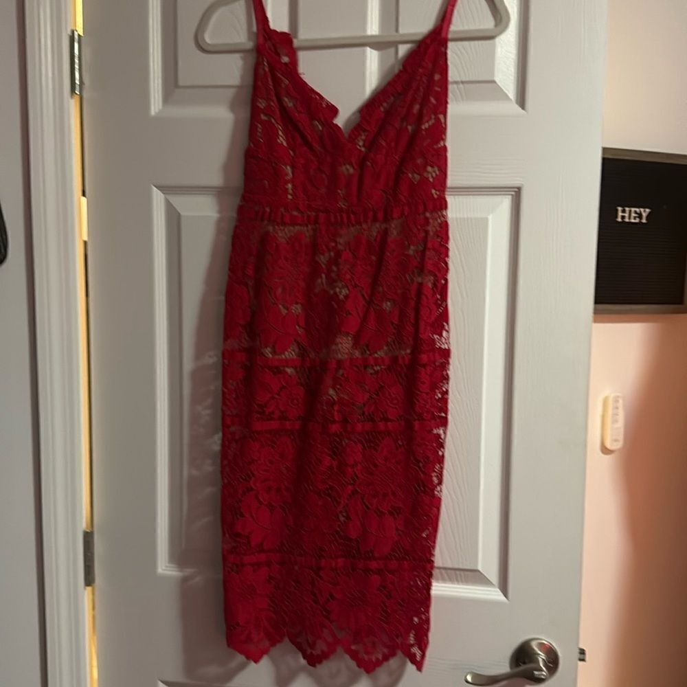 For Love and Lemons Red Lace Dress Tan Leotard Body Suit - Size Small - Like New - Picture 2 of 7